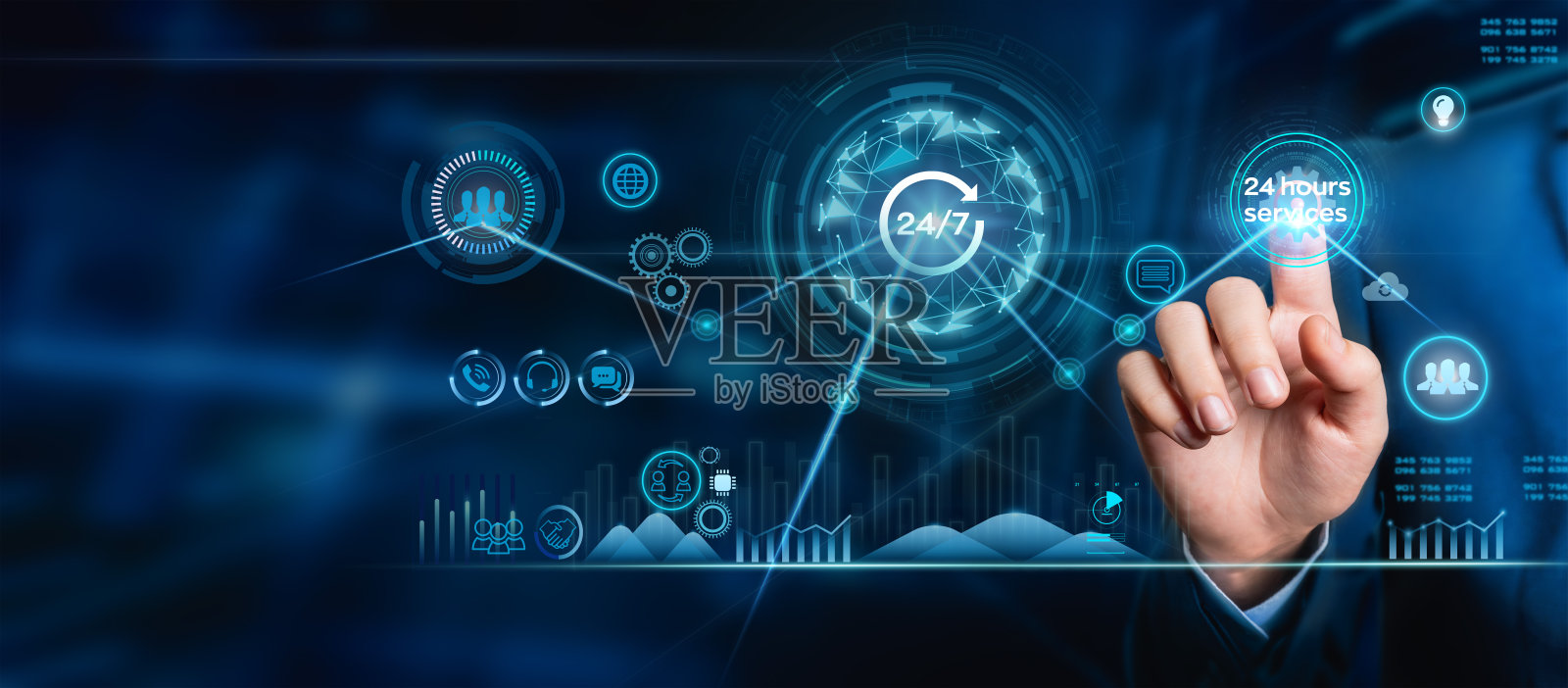 24小时服务理念:在全球网络连接上触摸24小时服务的商人照片摄影图片