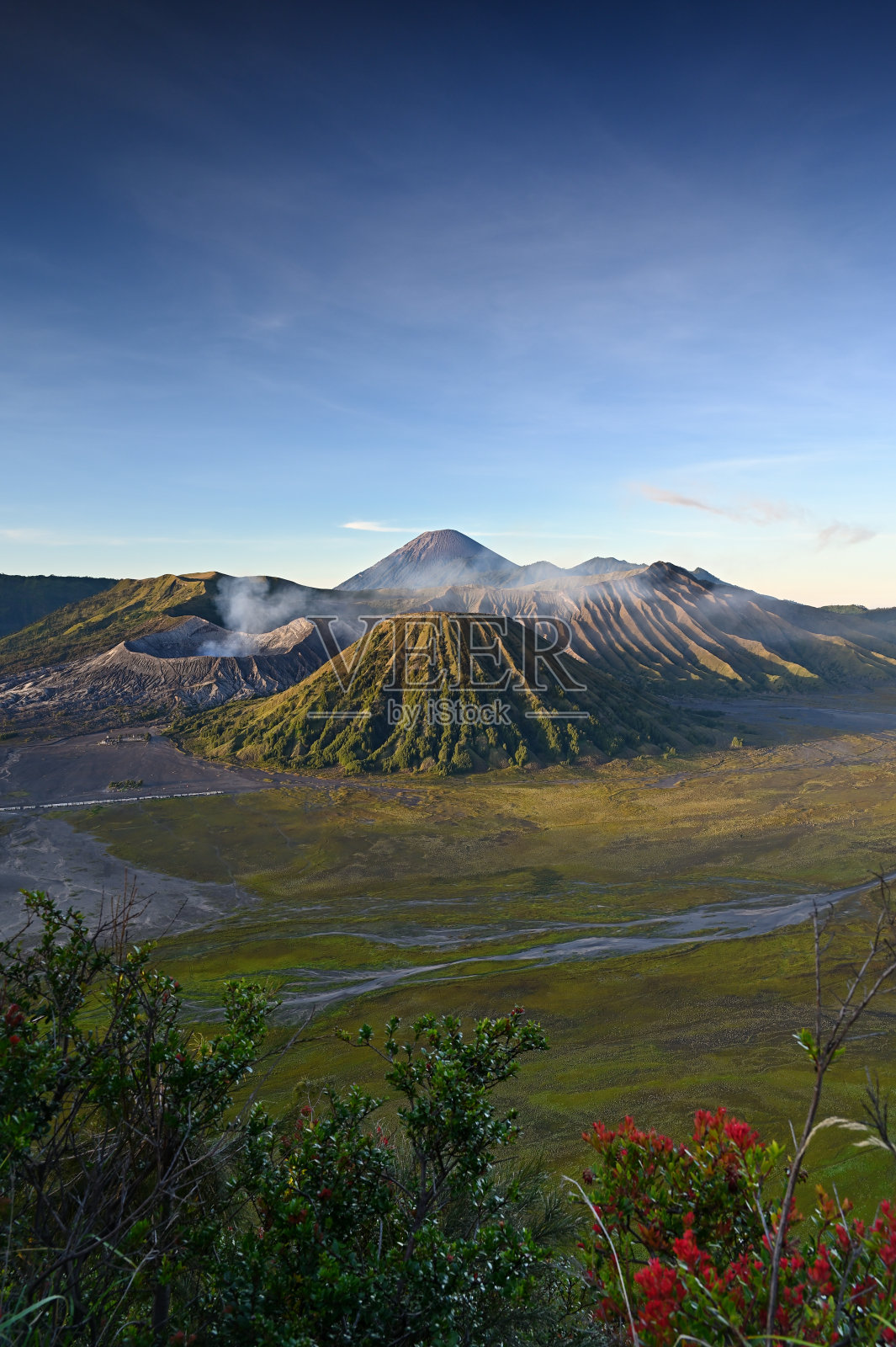 黎明时分的Bromo火山和沙海。印尼东爪哇的西莫罗·拉旺照片摄影图片