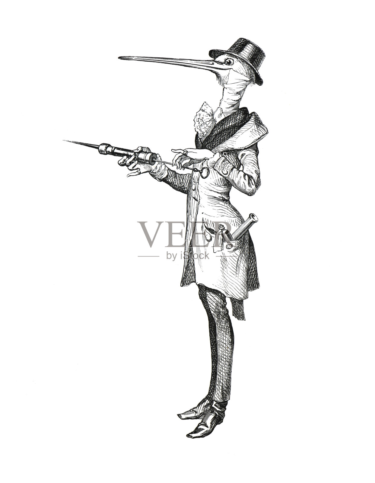 拟人化的动物。拿着注射器的鹳。注射疫苗的鹳。禽流感或禽流感注射。禽鸟病毒疫苗。老式的人类半机械人动物。手绘复古雕刻插图。塑造动物形象。甲型禽流感病毒。插画图片素材