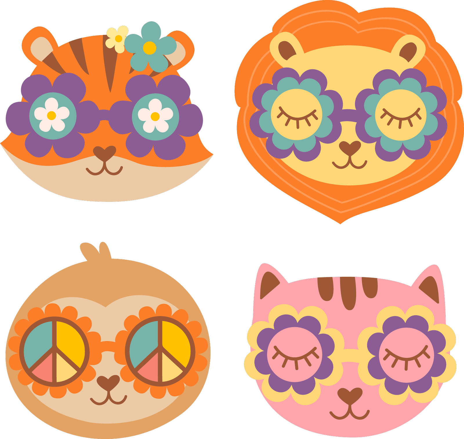 一组孤立的复古动物面孔猫狮子老虎设计元素图片