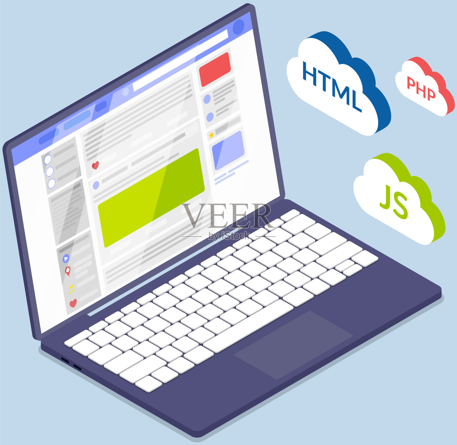 打开笔记本电脑，在社交媒体网页上显示用户资料。现代笔记本电脑。便携式计算机插画图片素材