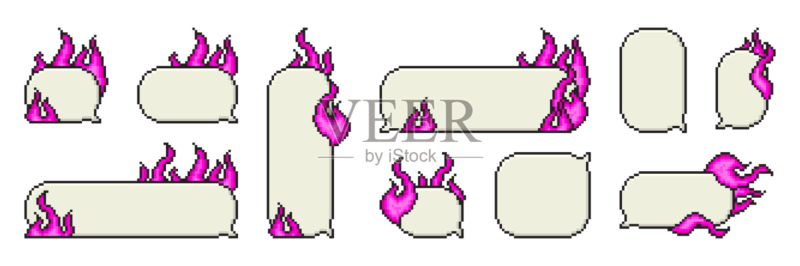 像素艺术对话框与粉红色的火焰。在90年代的游戏气氛中言语泡泡。矢量8位复古风格插图卡片，社交媒体，横幅，贴纸。插画图片素材