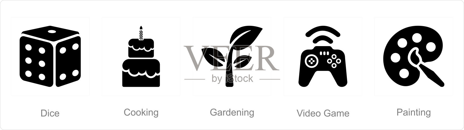 一套5个爱好图标作为骰子，烹饪，视频游戏插画图片素材