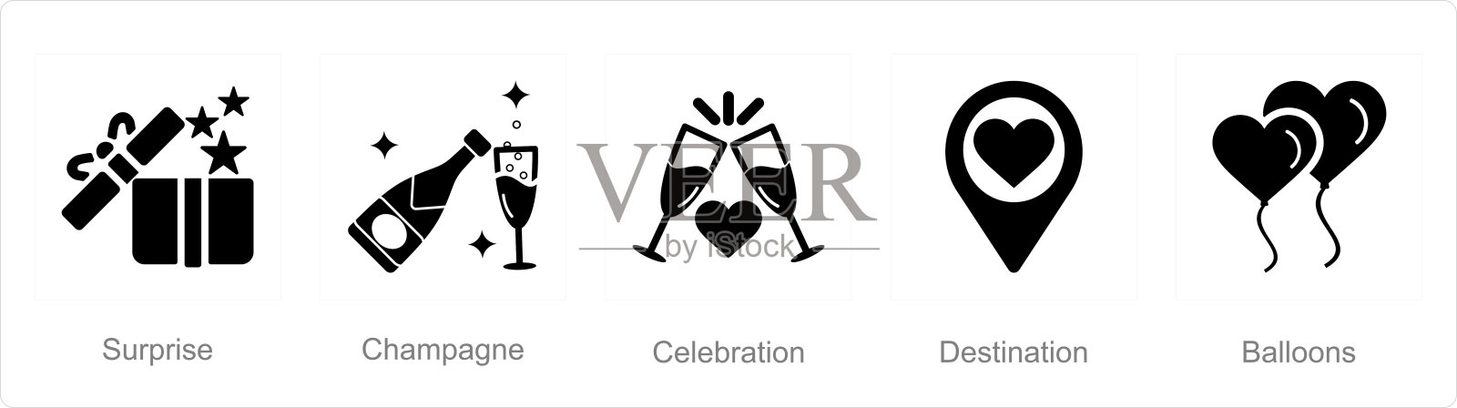 一套5个蜜月图标作为惊喜，香槟，庆祝活动插画图片素材