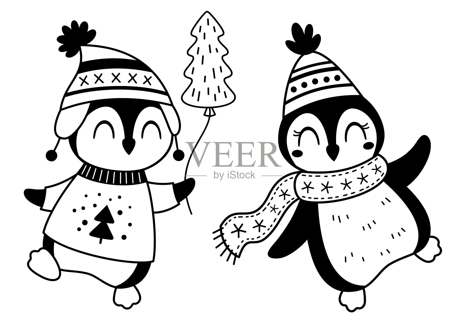 圣诞企鹅剪贴画在卡通平面风格。圣诞快乐剪贴画。黑白冬季企鹅剪贴画。矢量图插画图片素材