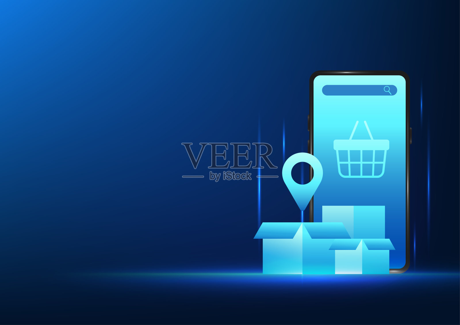 电子商务技术手机屏幕上有一个篮子和盒子，显示网上开店的业务。让客户通过应用程序订购产品，并将产品交付给客户。插画图片素材