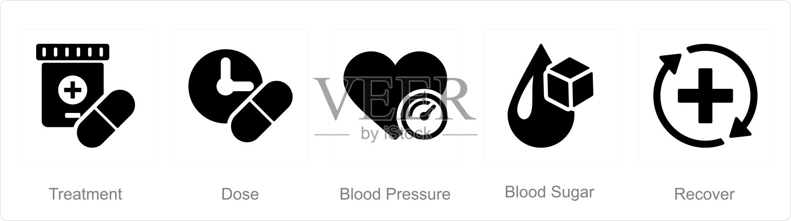 一组5个健康检查图标，如治疗，剂量，血压插画图片素材
