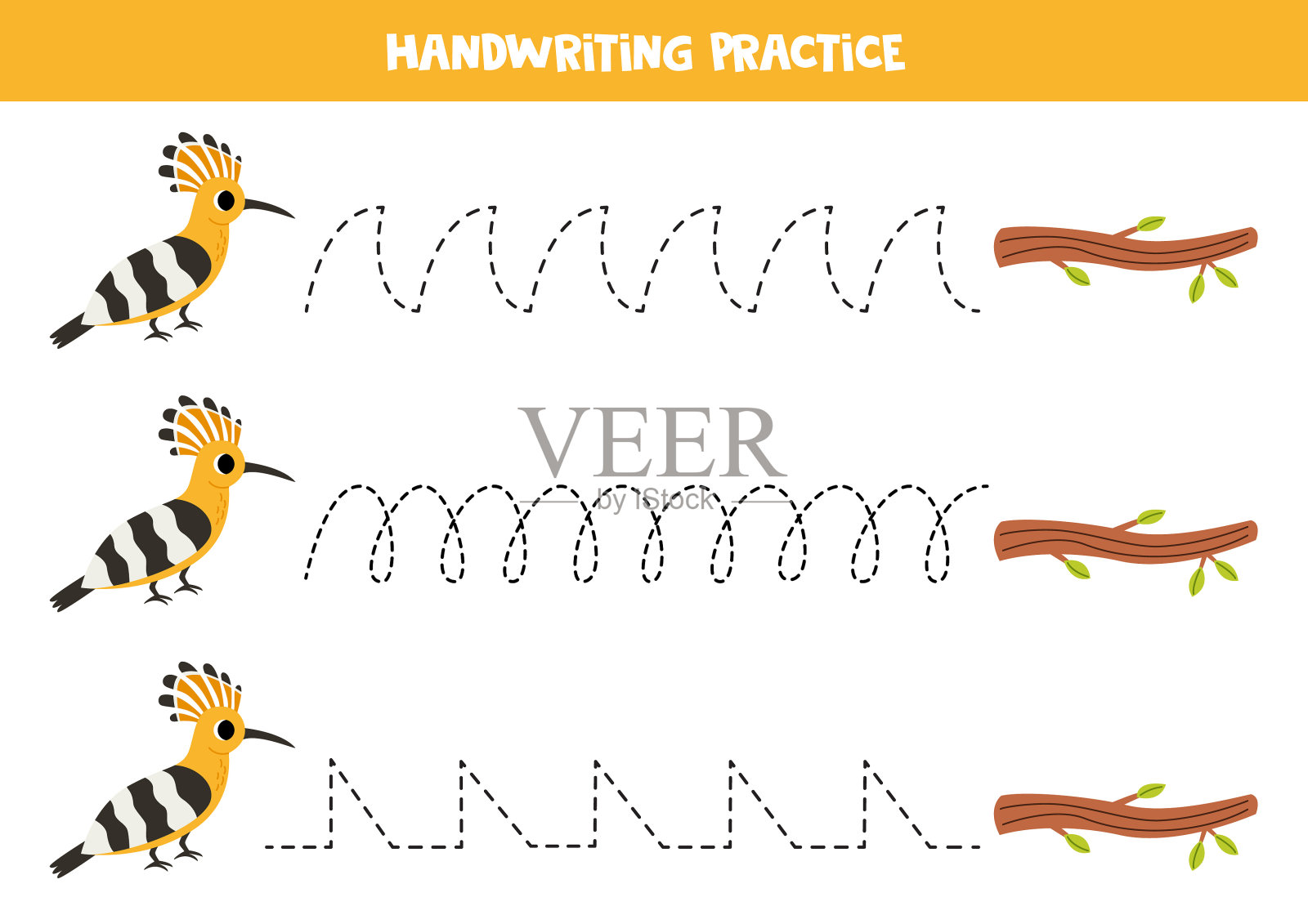 为孩子们画线。可爱的卡通鸟和树枝。书法练习。插画图片素材