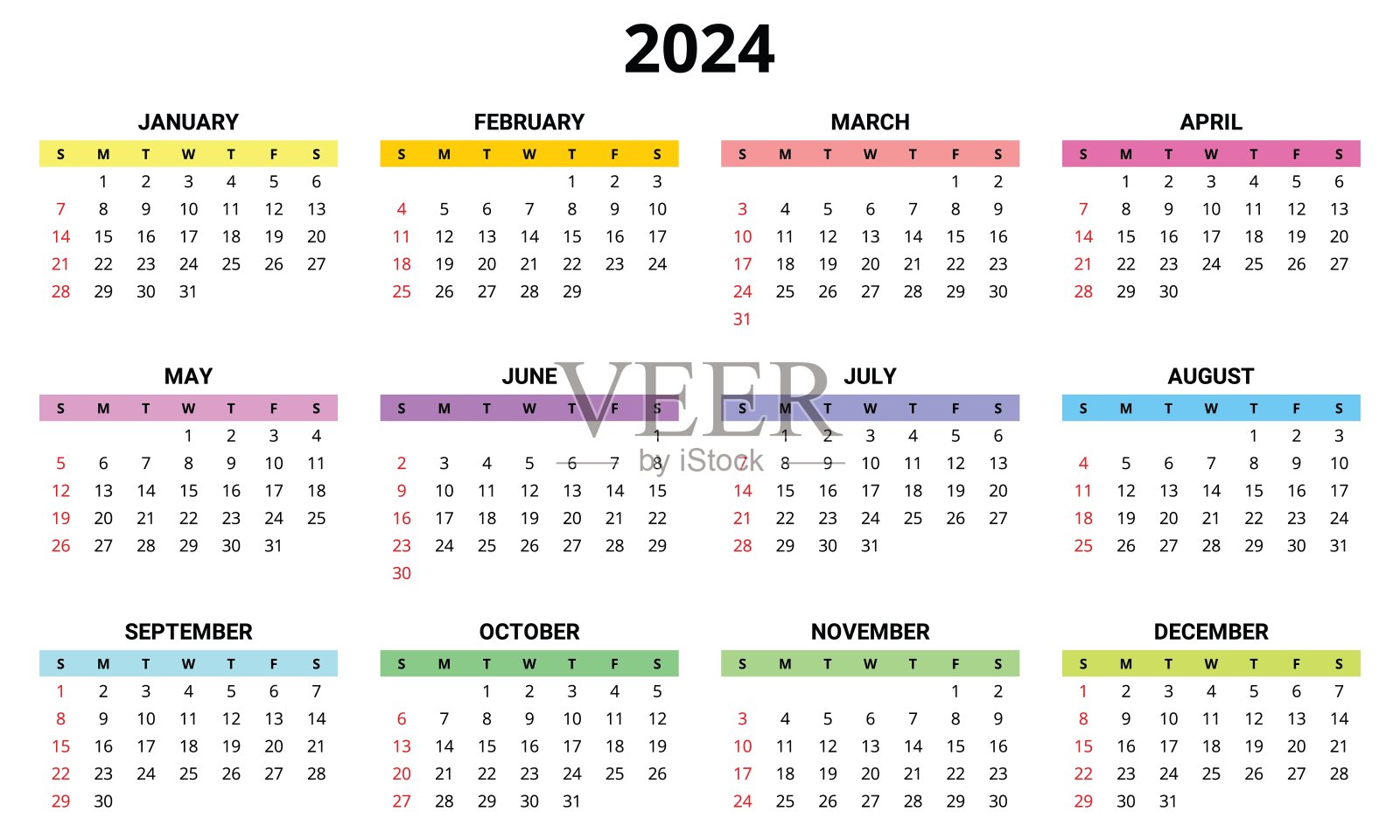 2024年英文月历多色。现代矢量模板插图插画图片素材