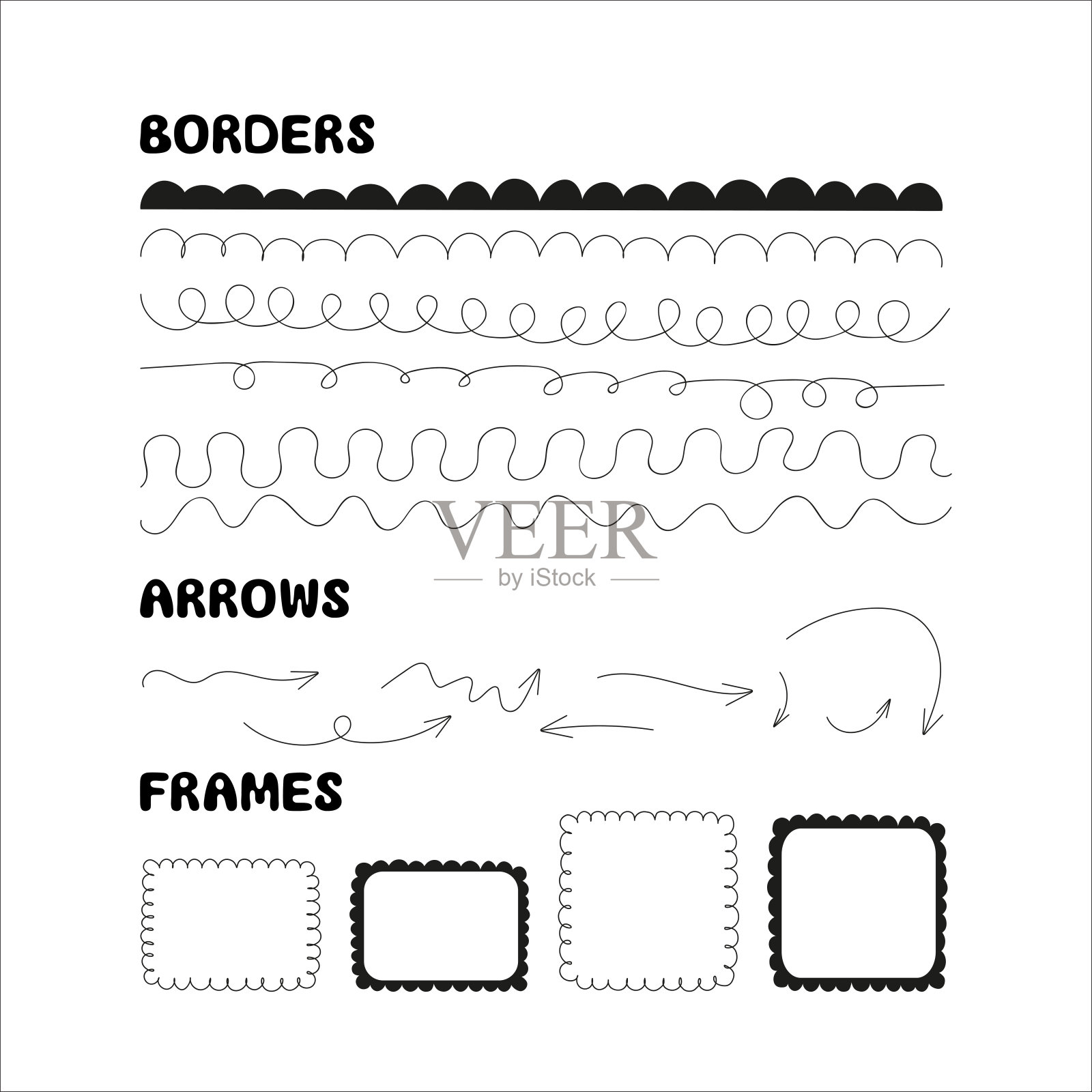 手绘涂鸦，涂鸦，边框，框架，箭头元素集。矢量纹理笔触，邮票笔刷。幼稚的涂鸦，线条和形状元素插画图片素材