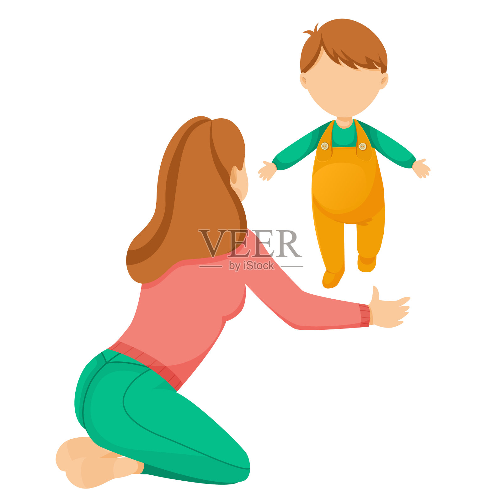 婴儿跑到他妈妈的怀里。孩子的第一步。矢量隔离插图。插画图片素材