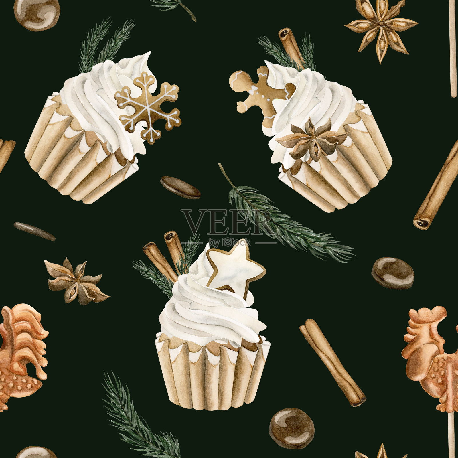 水彩无缝图案与圣诞纸杯蛋糕与肉桂，松枝，八角，姜饼饼干在黑暗插画图片素材