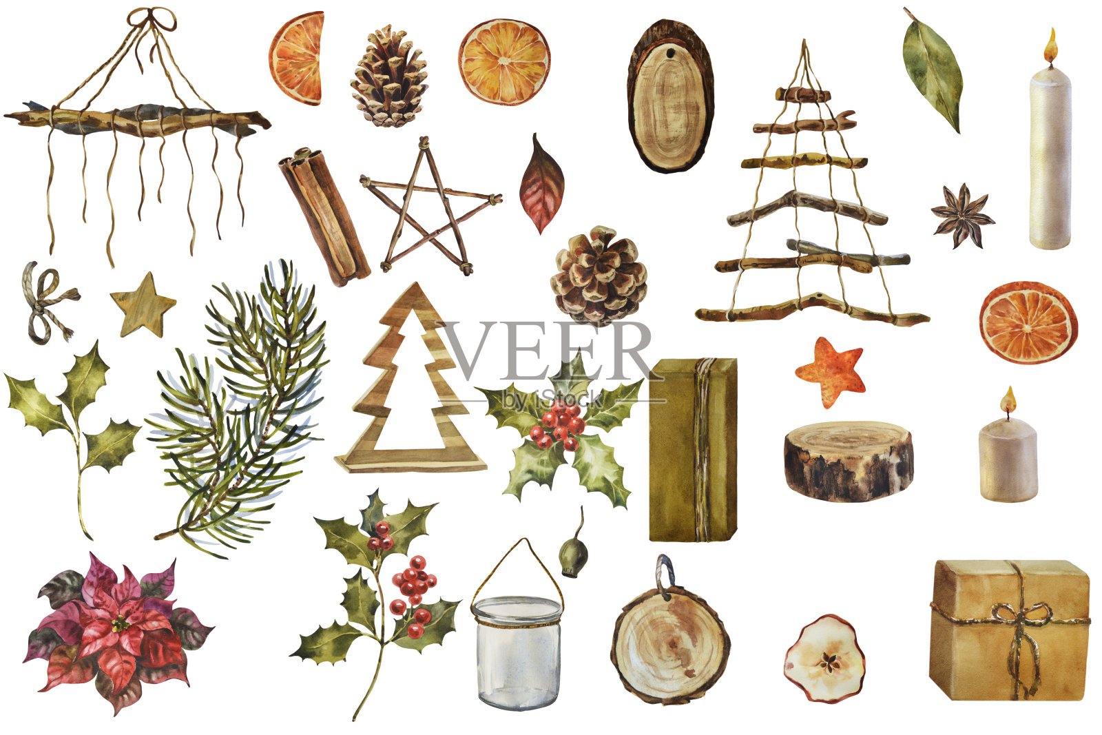 大集水彩圣诞插图。手工装饰的圣诞树枝。白色背景水彩插图。圣诞构图，斯堪的纳维亚、北欧风格的装饰。插画图片素材