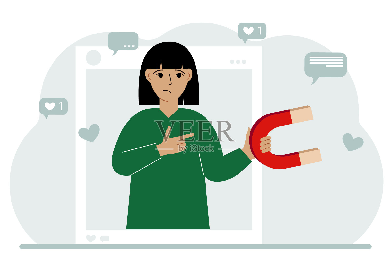 社交媒体影响者。一个女人拿着一个磁铁在社会侧写框。不同的图标。插画图片素材