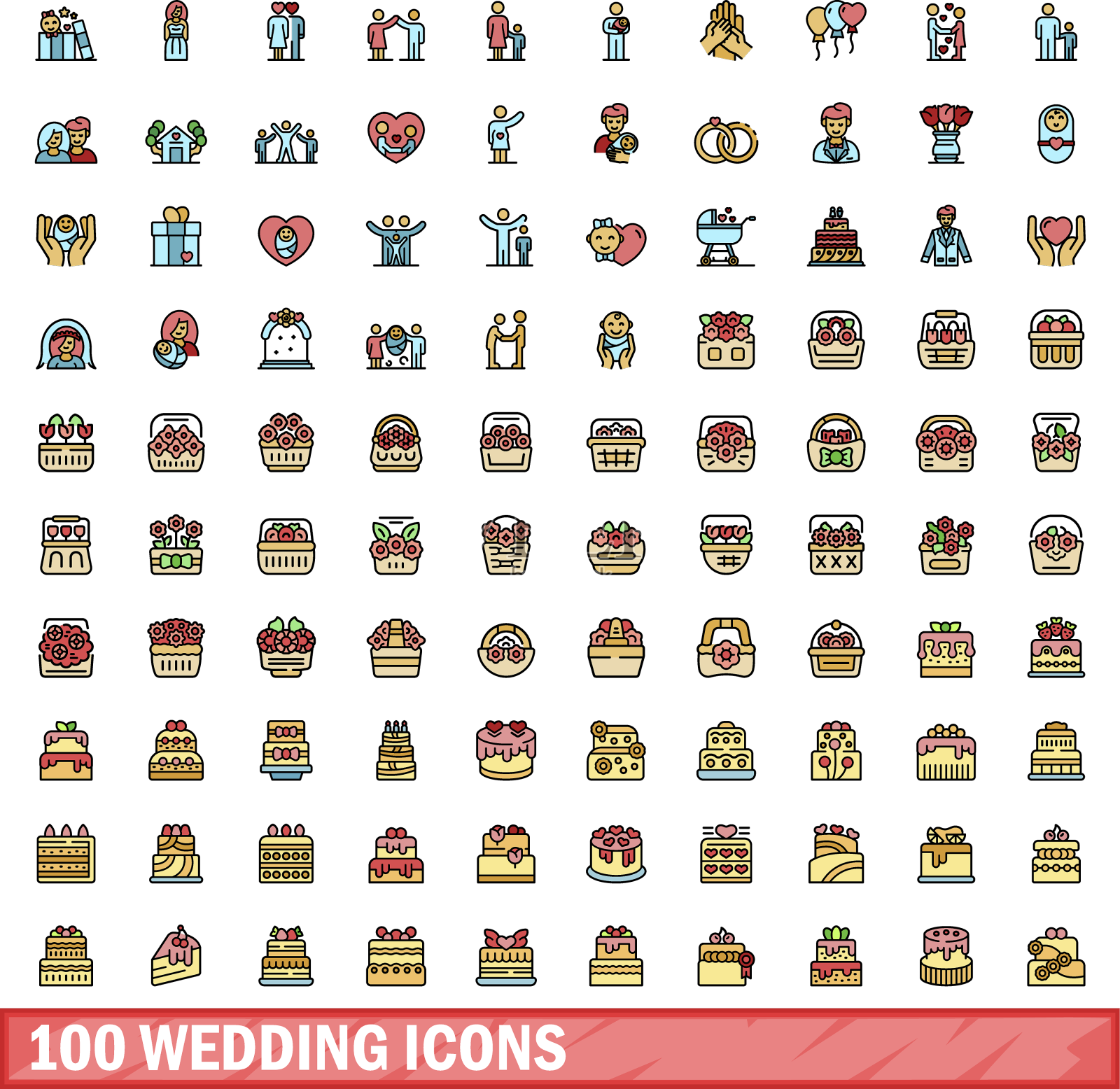 100个婚礼图标设置颜色线条风格设计元素图片