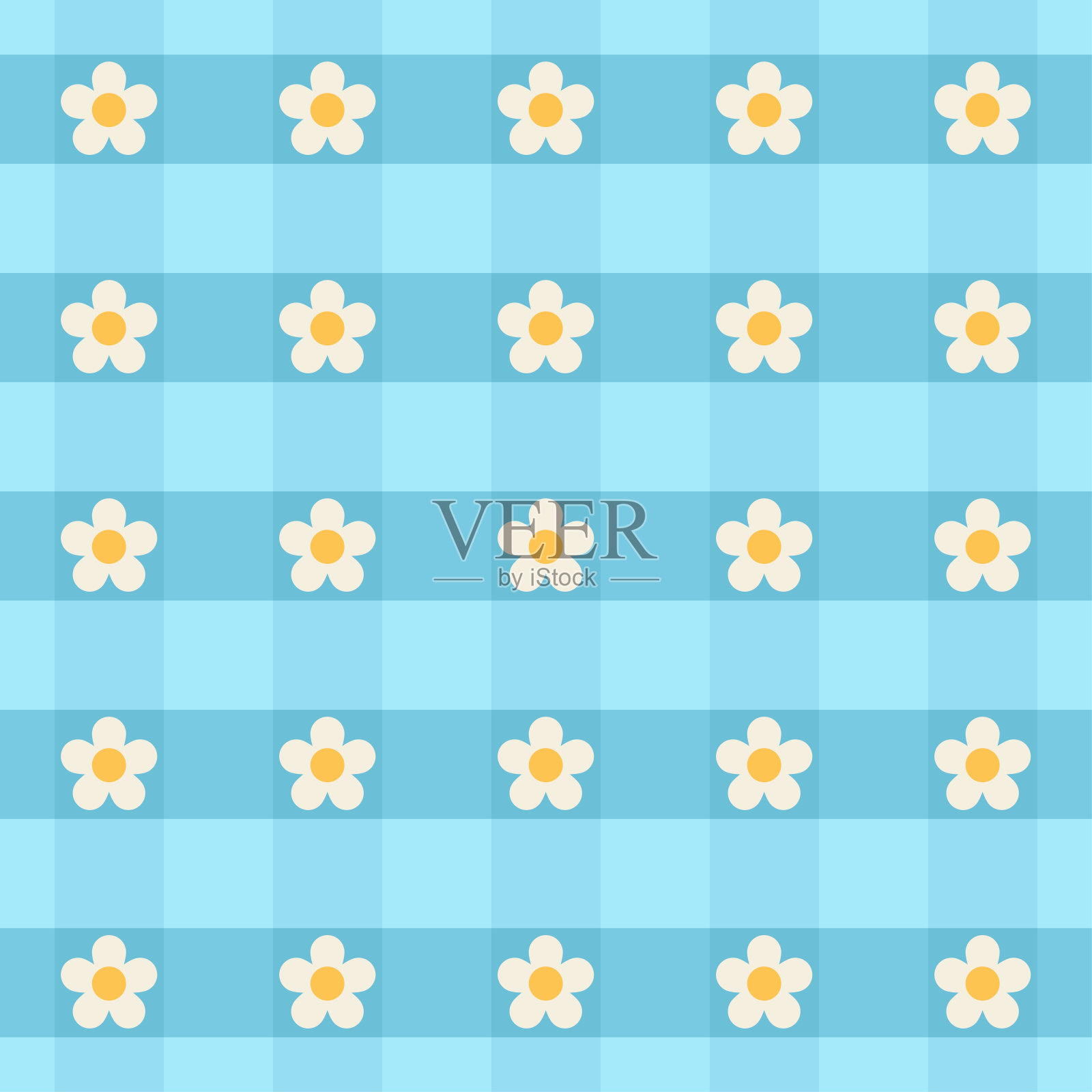 格子图案在蓝色与雏菊插画图片素材