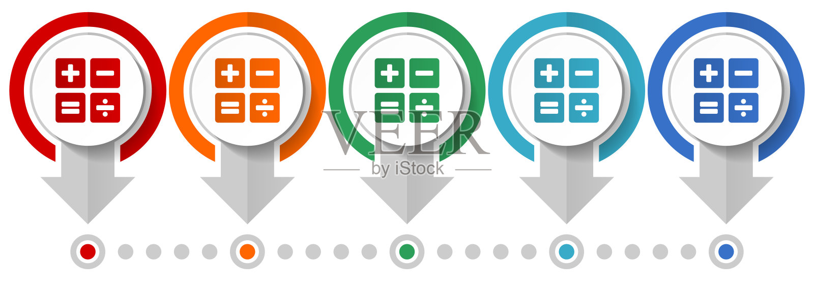 计算器矢量图标集，平面设计信息图模板，设置指针概念图标在5种颜色的网页设计和移动应用程序选项插画图片素材