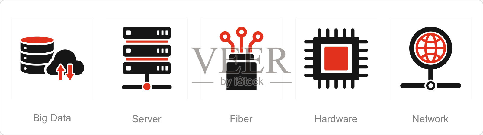 一套5个互联网电脑图标，如大数据、服务器、光纤插画图片素材