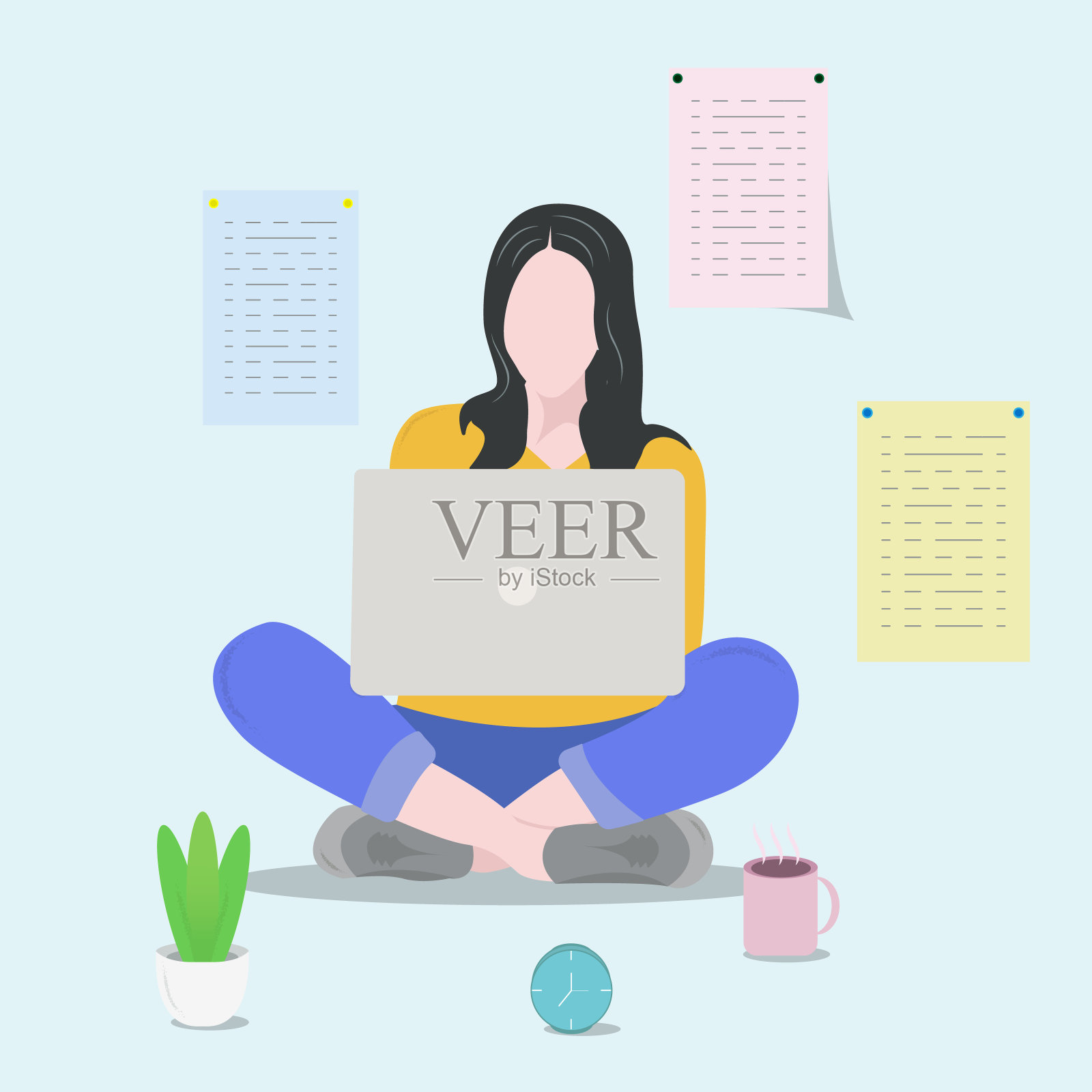 女孩在家办公室学习。自由职业者或学习概念。现代平面矢量插图插画图片素材