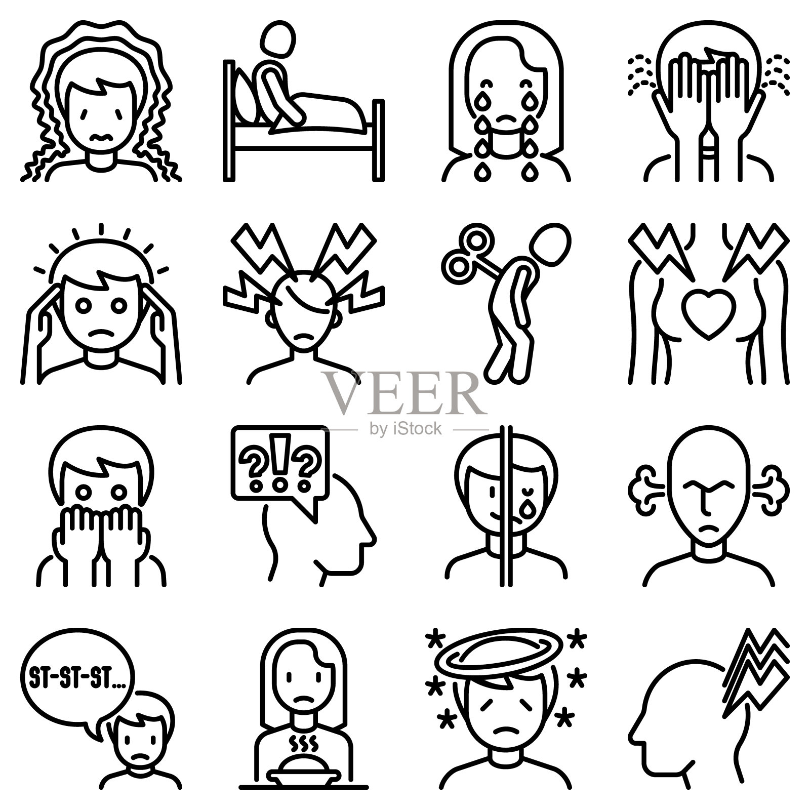 神经症细线图标集:惊恐发作，头痛，疲劳，失眠，绝望，恐惧，情绪不稳定，口吃，精神痛，头晕。现代矢量插图。插画图片素材