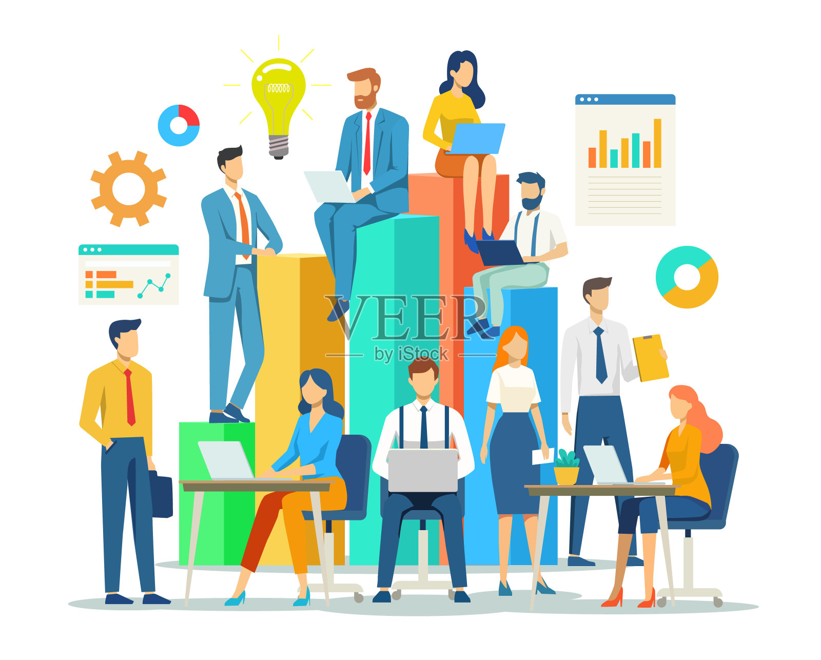 业务团队为公司的成功而共同努力。研究、策略、解决方案。矢量图插画图片素材