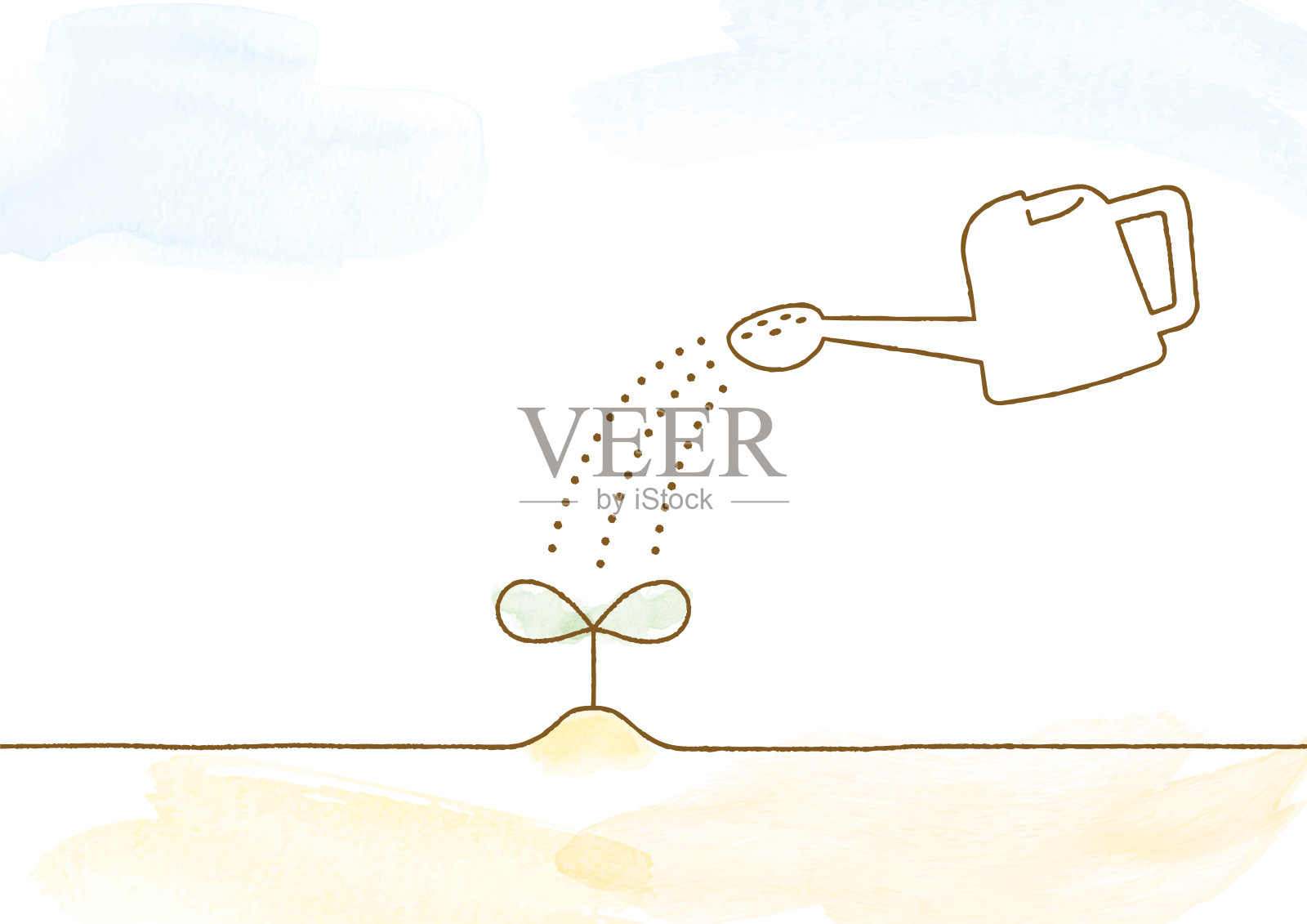 可爱的插图发芽和水可以用水彩和线条艺术绘制。插画图片素材
