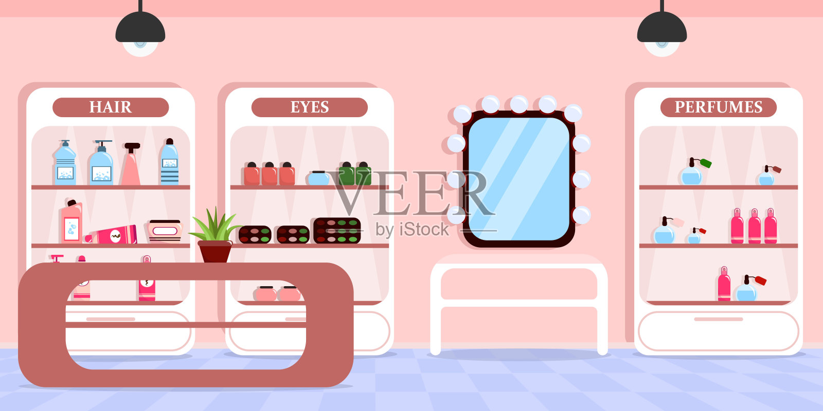 现代室内化妆品商店的矢量插图。卡通室内配有各种化妆品架、桌子、镜子。插画图片素材
