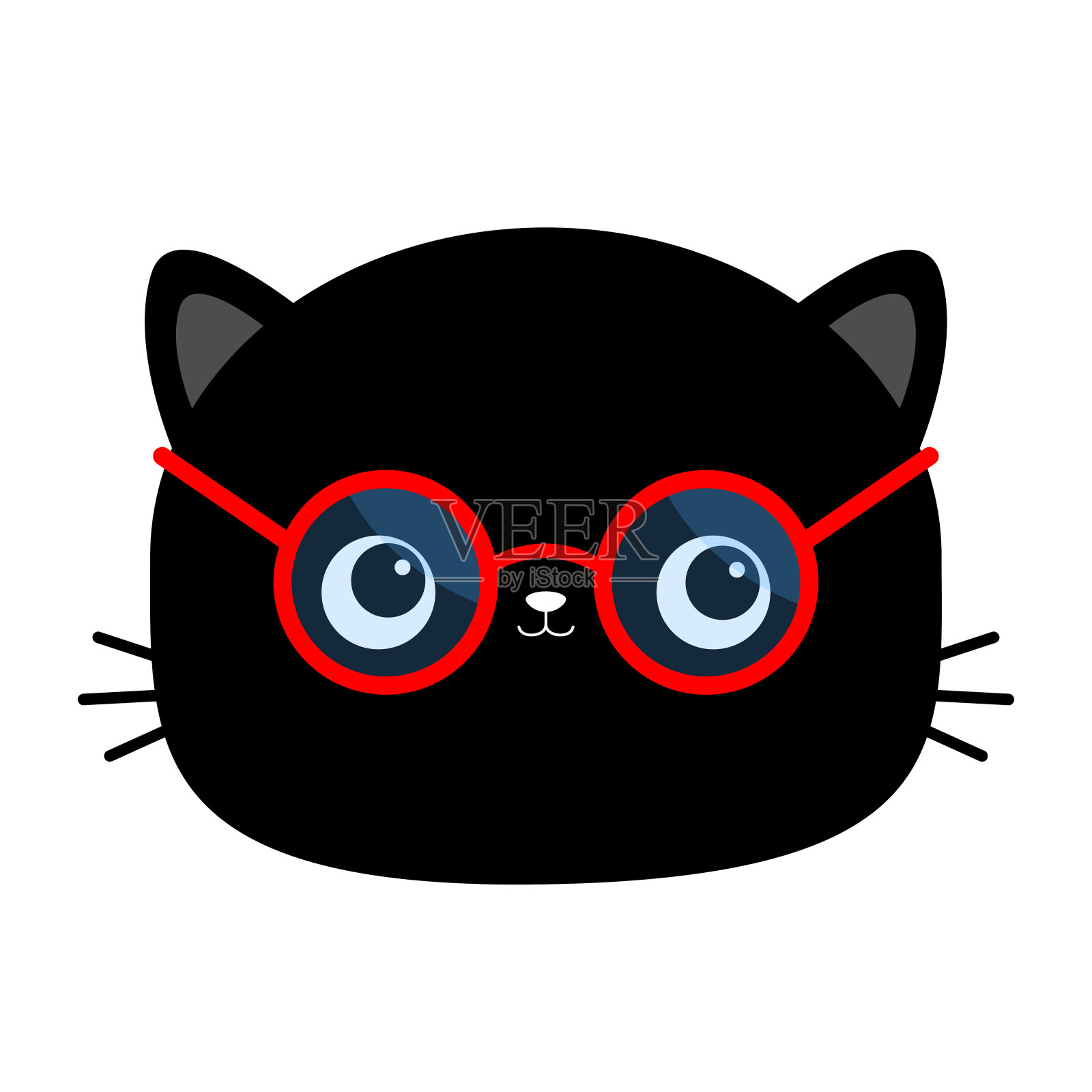 黑猫脸头上戴着红色的圆形墨镜。有趣的太阳镜。蓝色镜片，红色镜框。可爱的卡通卡哇伊人物。戴眼镜的小猫。白色背景。平面设计插画图片素材