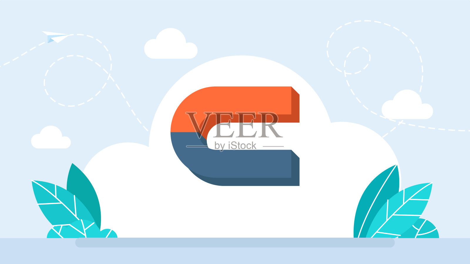 蓝色和红色的马蹄铁磁铁，磁性，磁化，吸引。磁功率标志在白底。u形磁铁图标。磁力，磁化，吸引的概念。平的插图插画图片素材