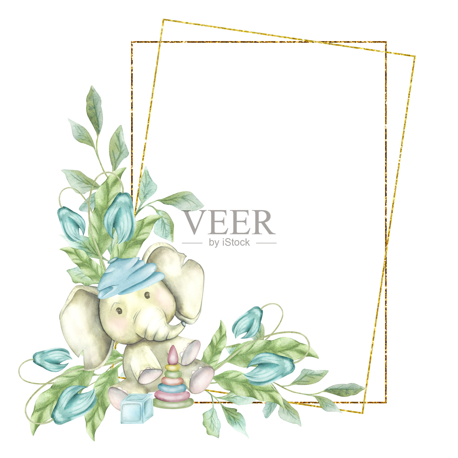 儿童木制玩具水彩边框，横幅，框架在可爱的柔和的蓝色和米色。手绘插图与复古的大象和鲜花。用立方体，气球和金字塔图案为新生儿或生日聚会。新生儿拨浪鼓插画图片素材