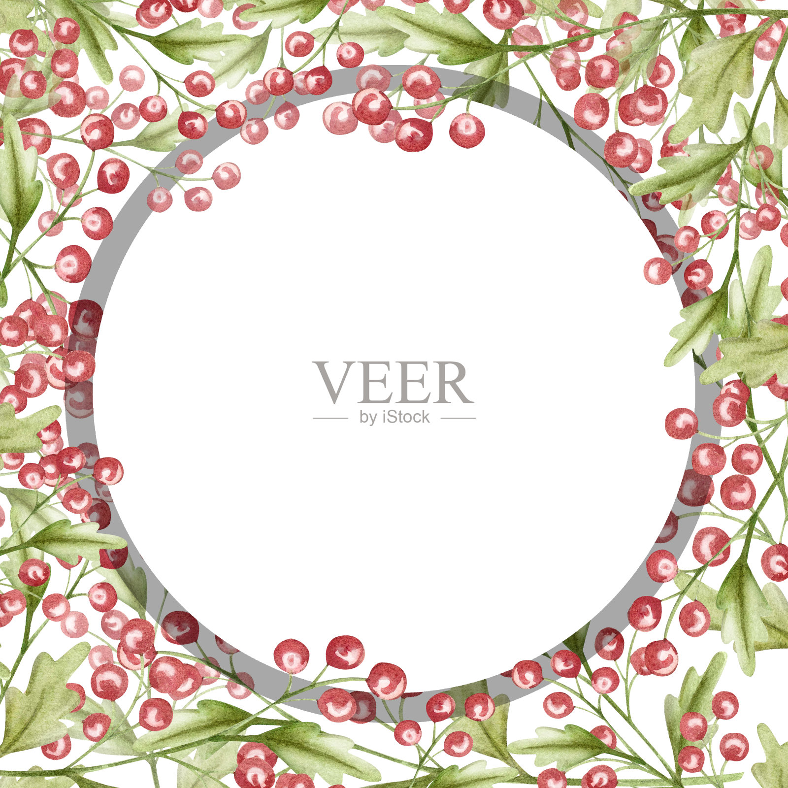 细枝配红莓，水彩画。框架，边框，背景。风格化的粉红色浆果，带叶子的小枝。设计包装，明信片，假日插画图片素材