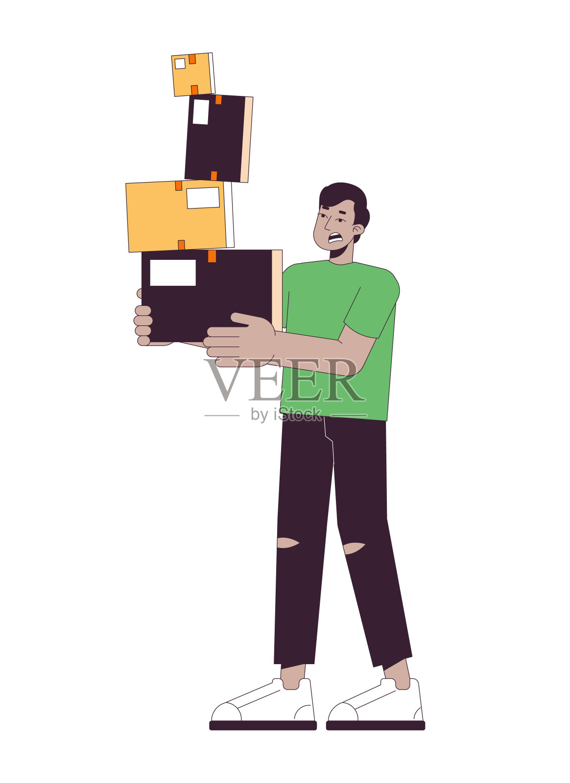 受惊的男子扛着叠成一排的箱子卡通平插图插画图片素材