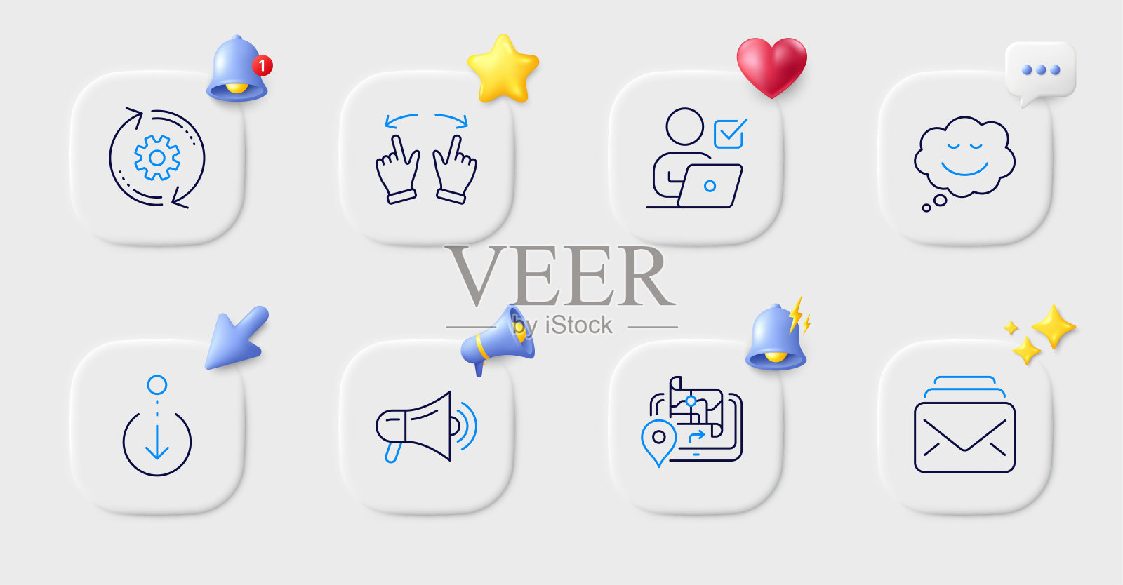 GPS、齿轮和语音气泡线性图标，用于Web应用和印刷矢量素材插画图片素材