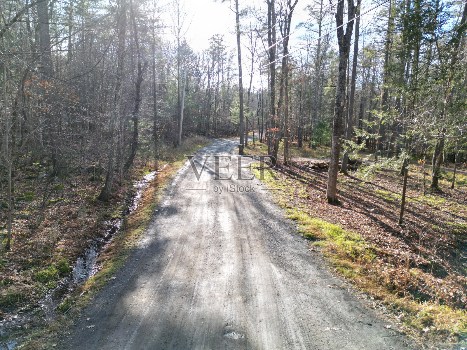从上面看有地上电线的乡村土路(阳光穿过树木，小溪)安静的乡村道路在秋天，秋天，冬天(光秃秃的树，草，苔藓)空旷，没有人，郊区照片摄影图片