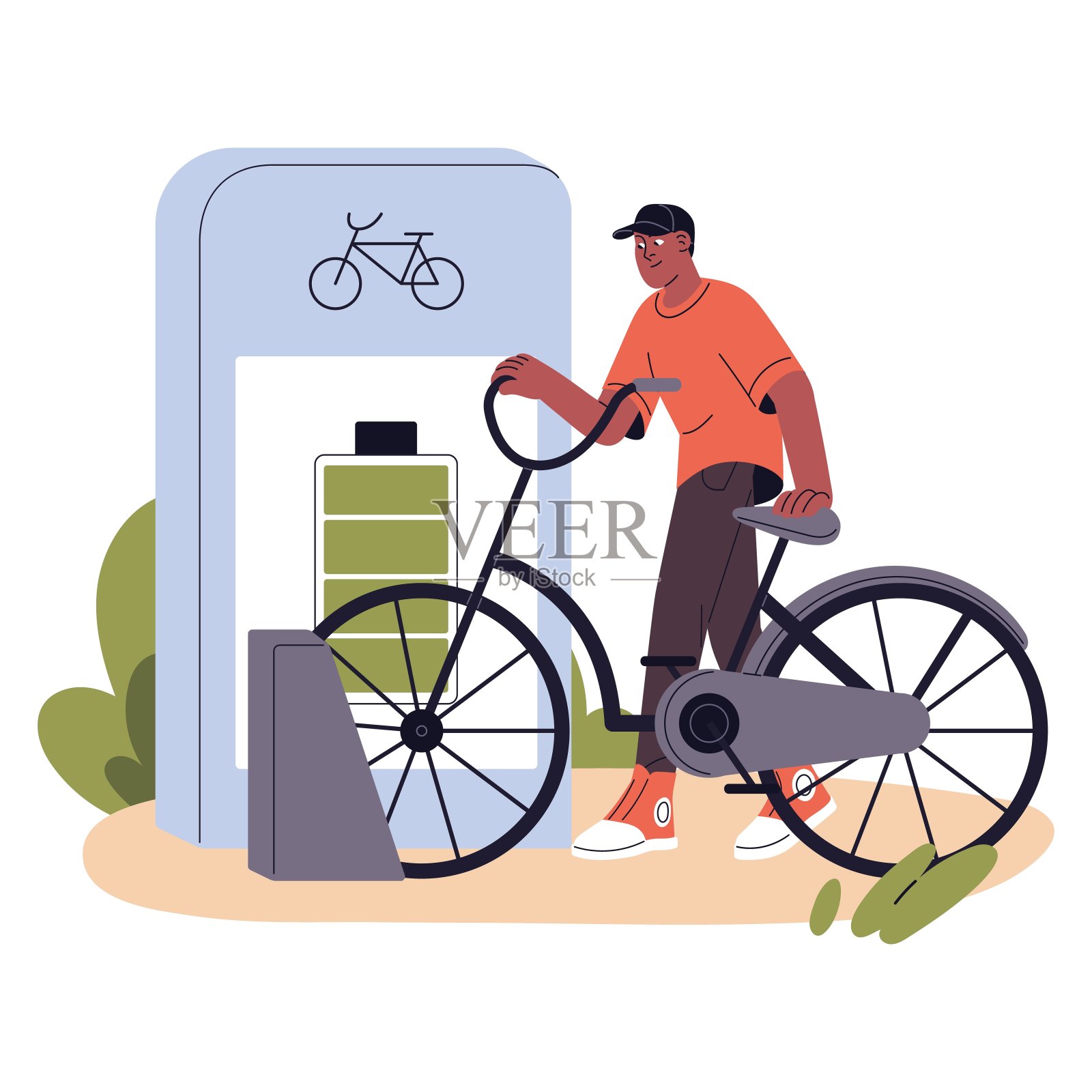 年轻人把自行车充满电后从能源站拿出来。停放电动自行车的人。城市生态汽车服务。积极的生活方式。平面隔离矢量插图上的白色背景插画图片素材