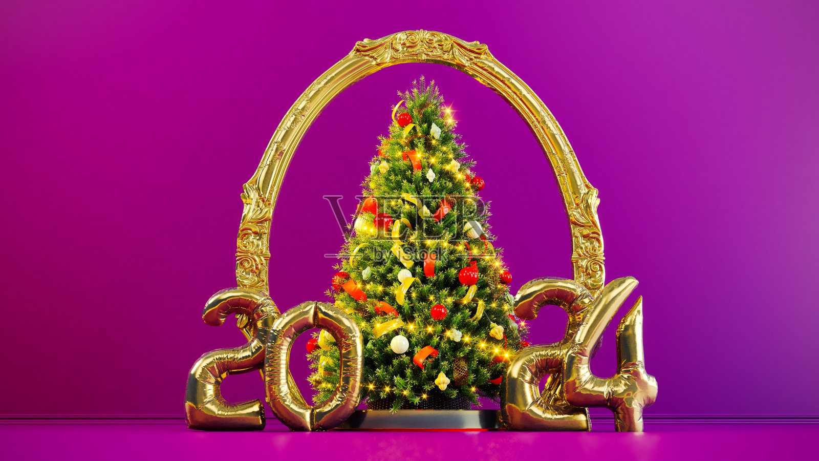 金色新年快乐2024在彩色背景与圣诞树照片摄影图片