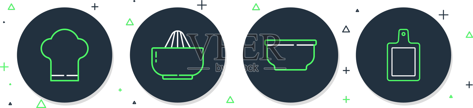 设置行柑橘榨汁机碗和厨师帽设计元素图片