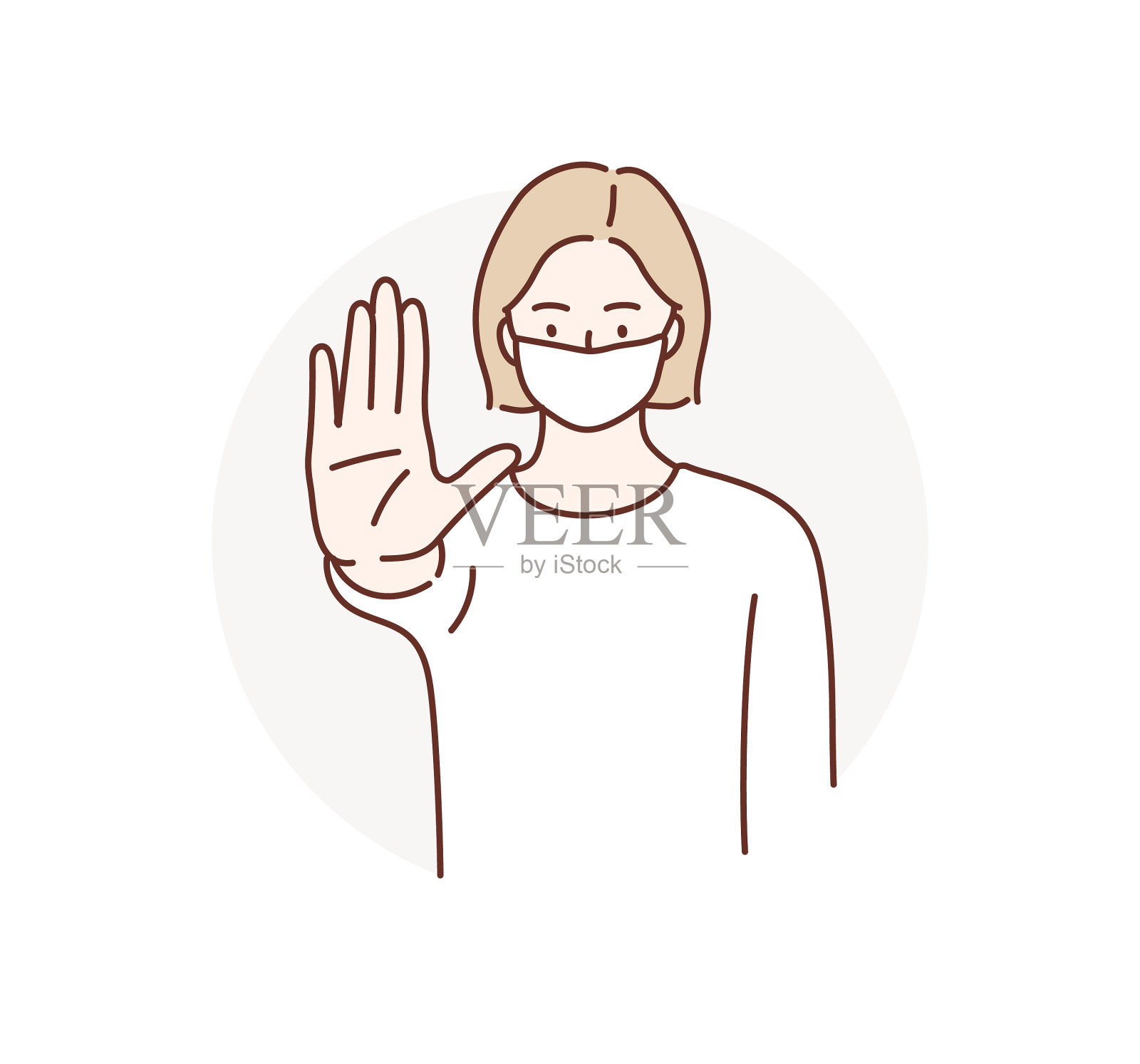 妇女戴着医用口罩，用手掌示意停车。不!插画图片素材