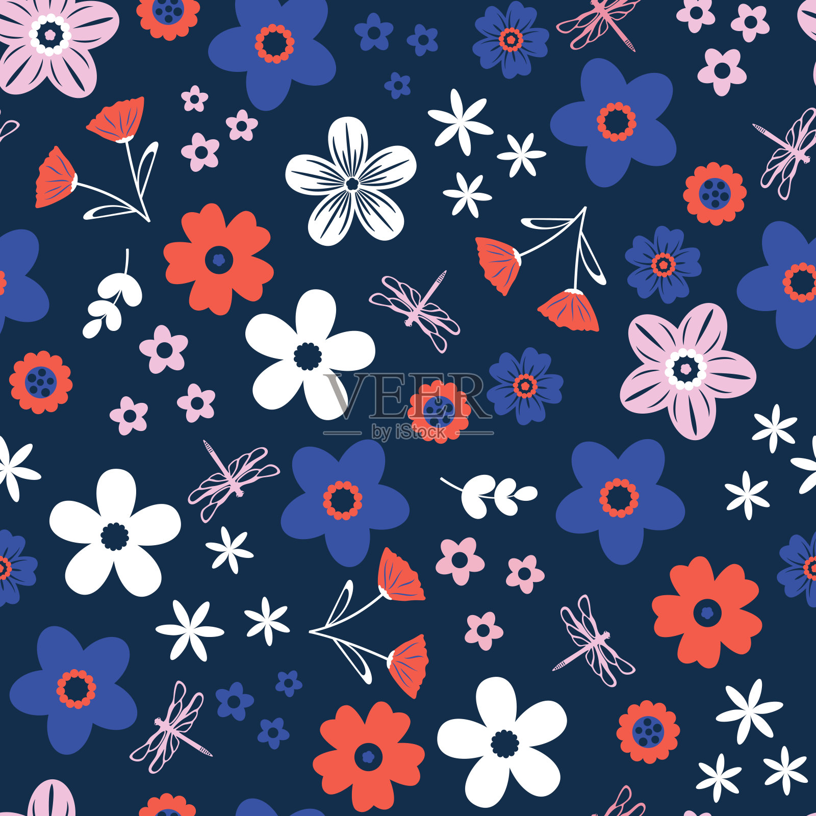 无缝花卉图案与鲜艳多彩的花朵，树叶和蜻蜓。插画图片素材