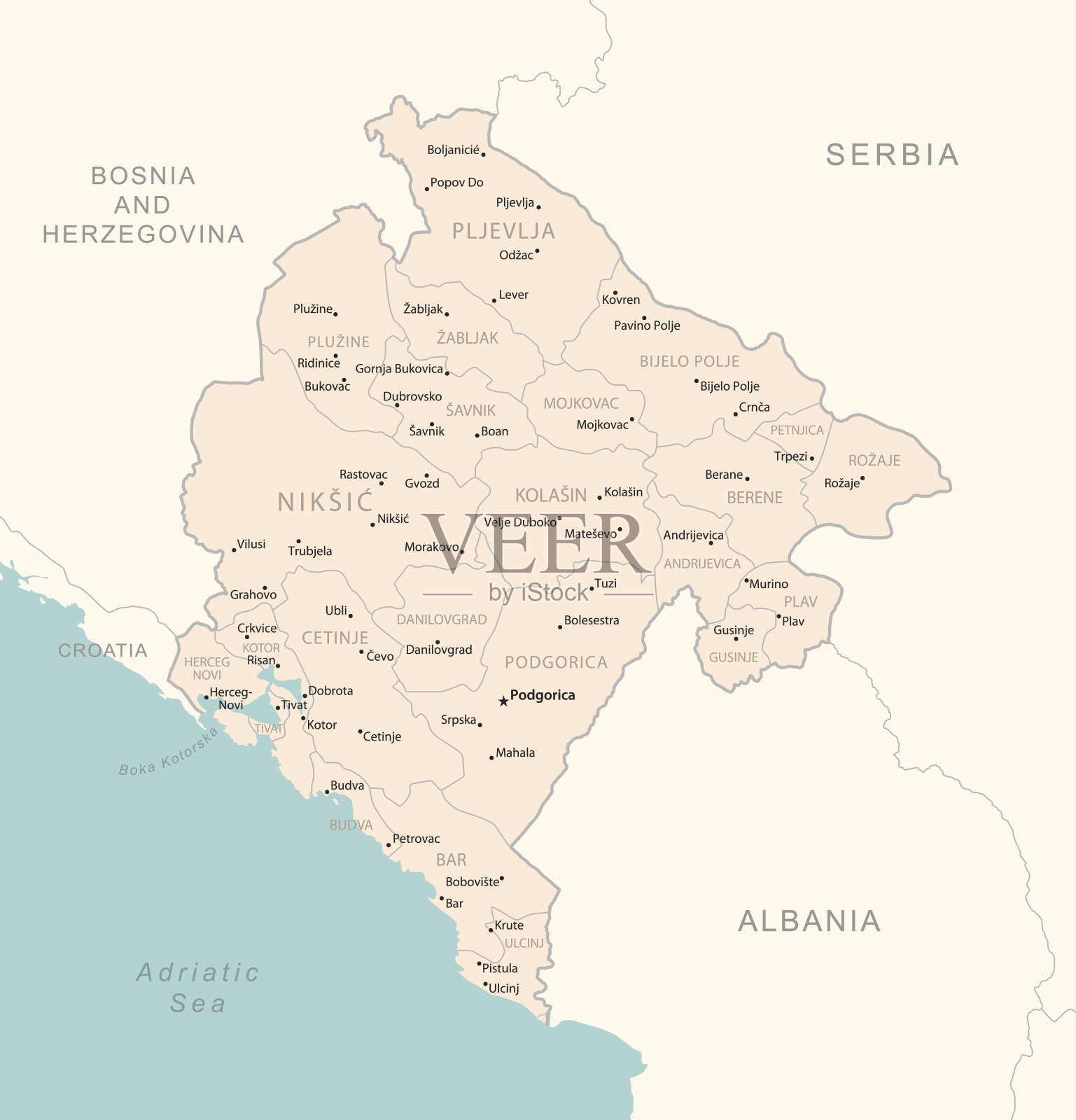 黑山-详细地图与行政区划国家。插画图片素材