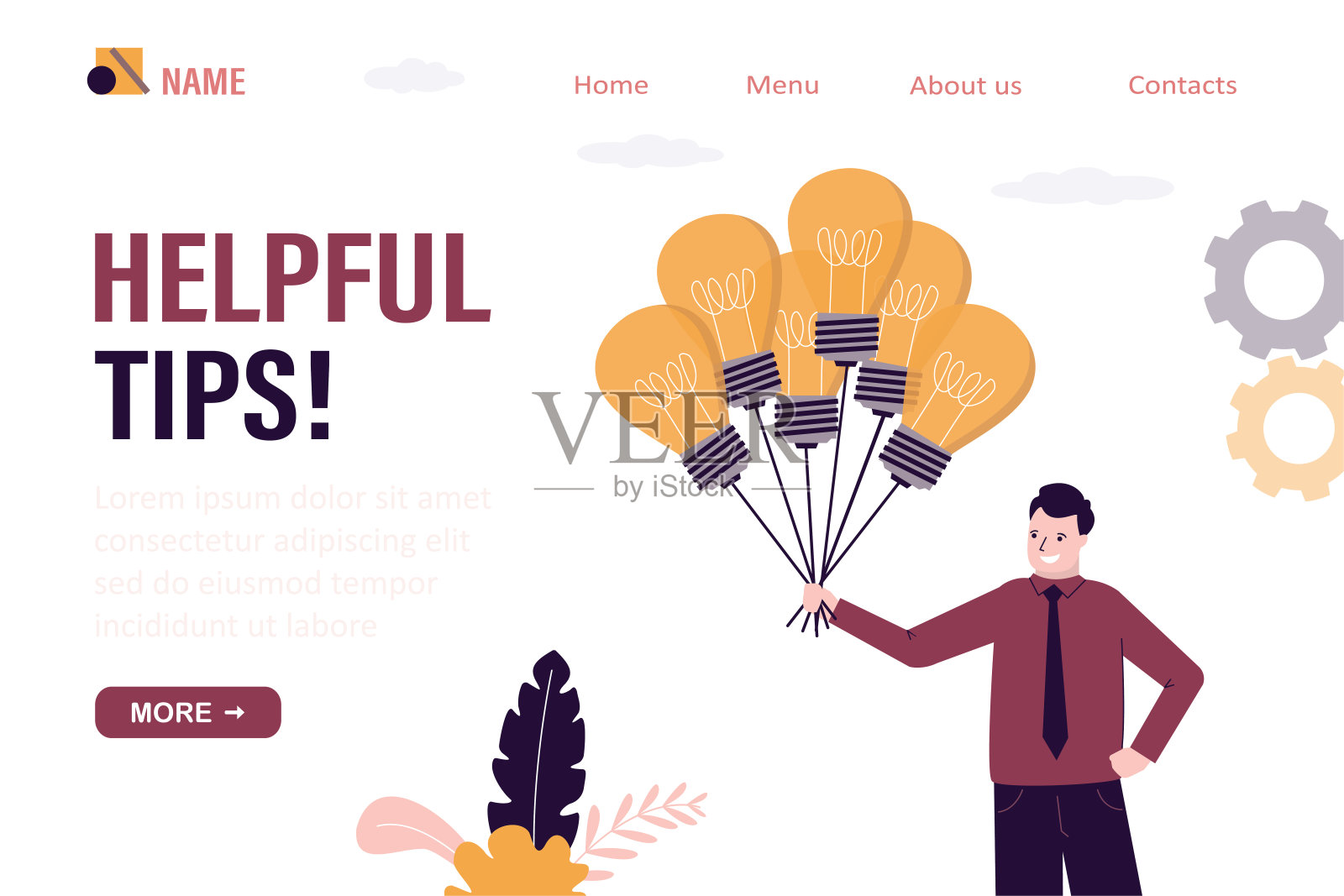 聪明的商人持有灯泡的想法气球告诉有用的提示，商业有用的提示，登陆页面模板。对成功有用的想法，忠告。用户手册、指南、插画图片素材