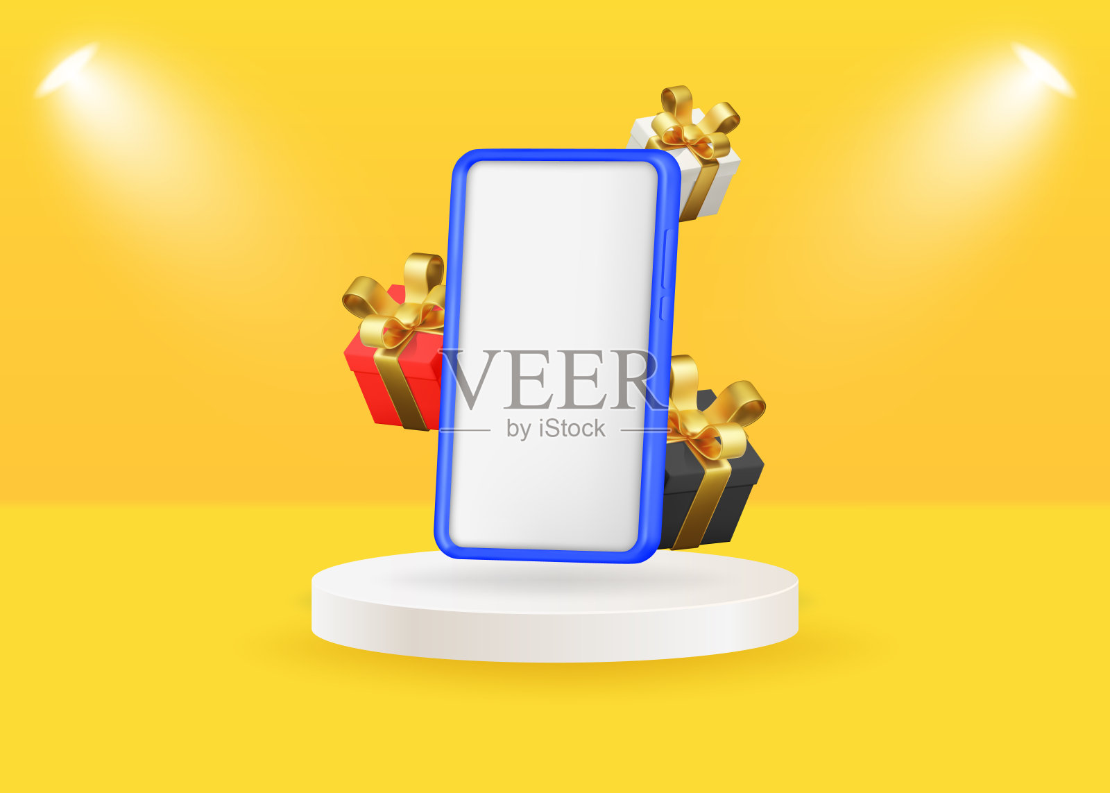 矢量3D插图与一个讲台上的电话和礼盒上的橙色背景。插画图片素材