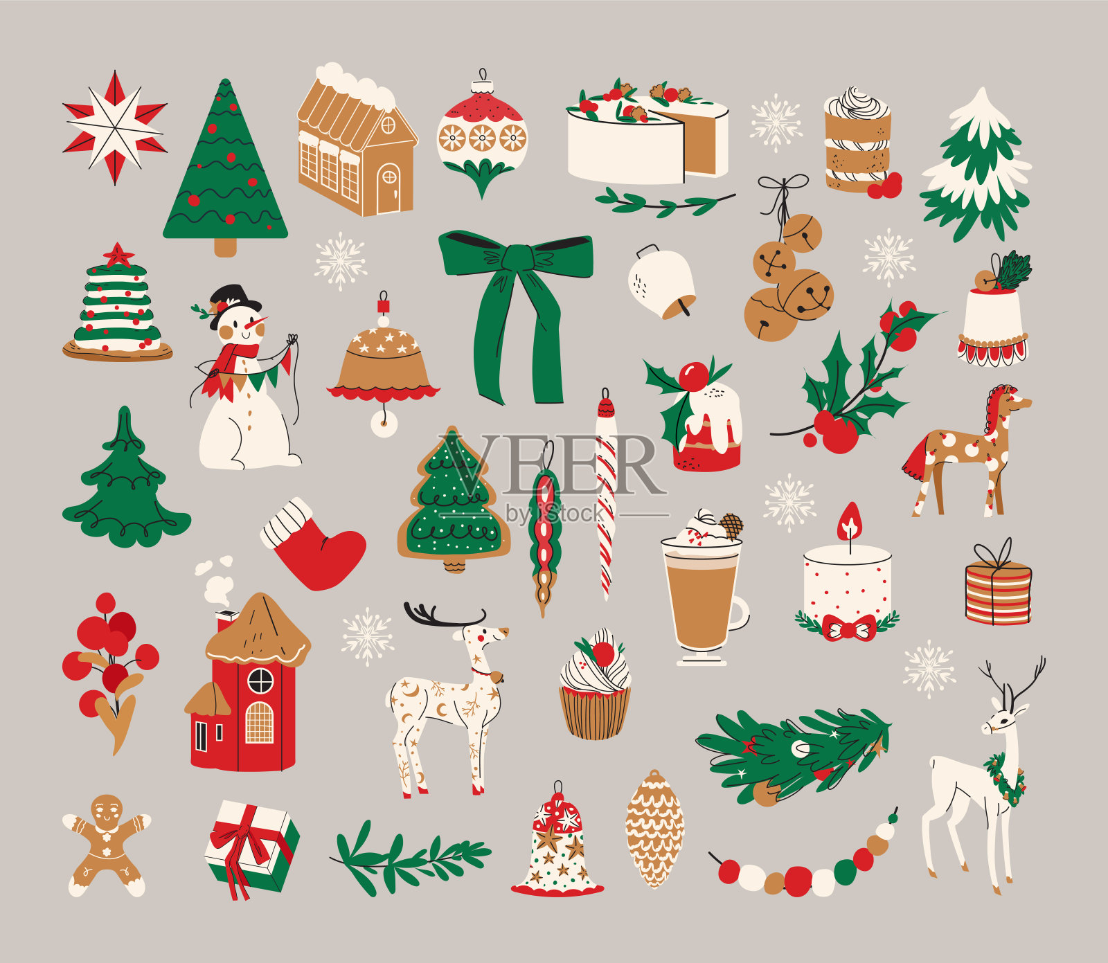 大圣诞集节日符号和设计元素。可爱的平面插图在手绘风格孤立的灰色背景插画图片素材