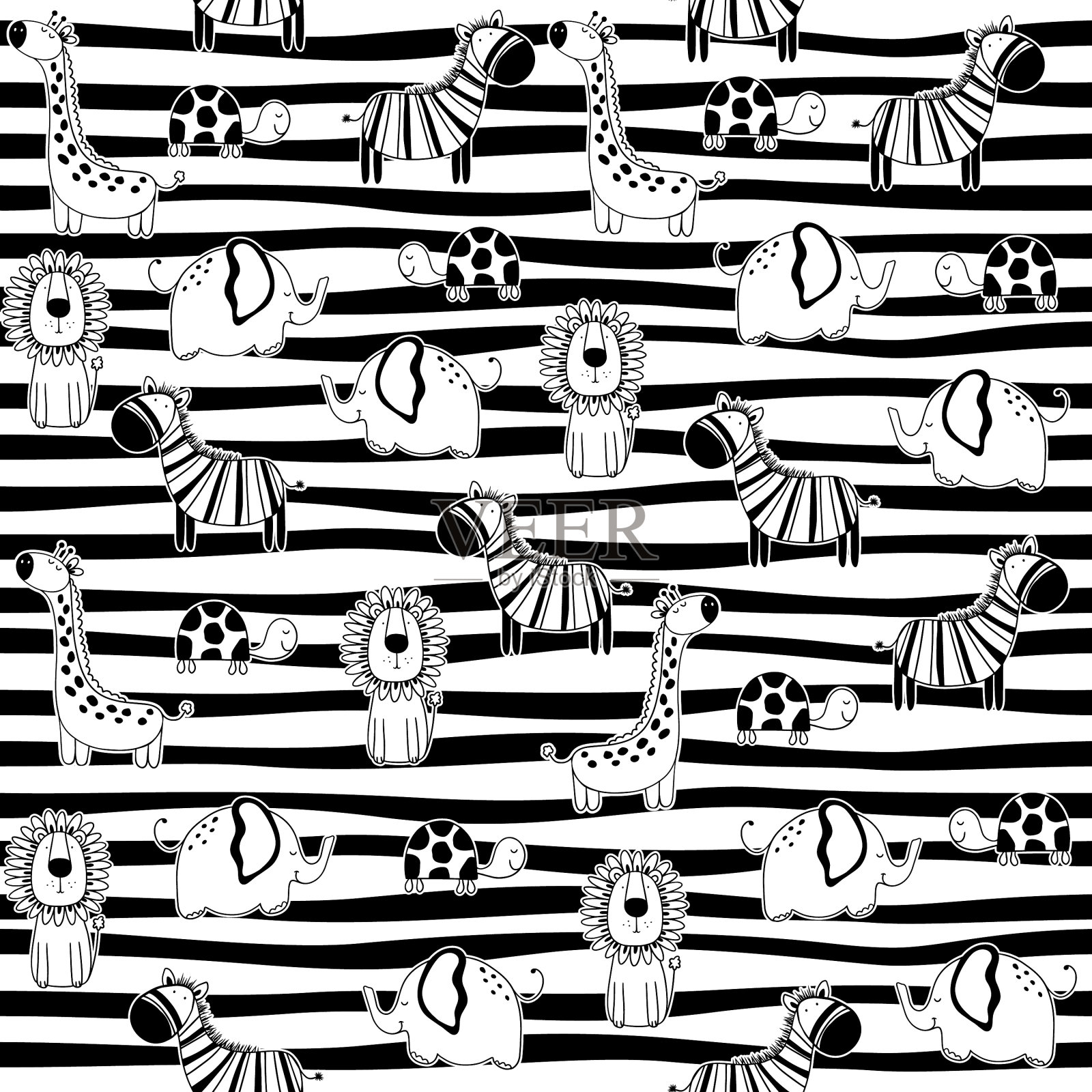 非洲动物大象狮子长颈鹿乌龟插画图片素材