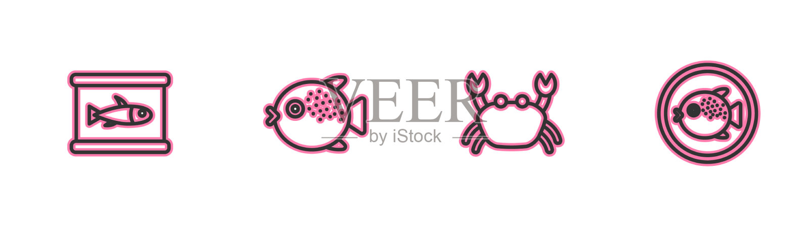 设置线罐头鱼蟹河豚和盘子图标插画图片素材