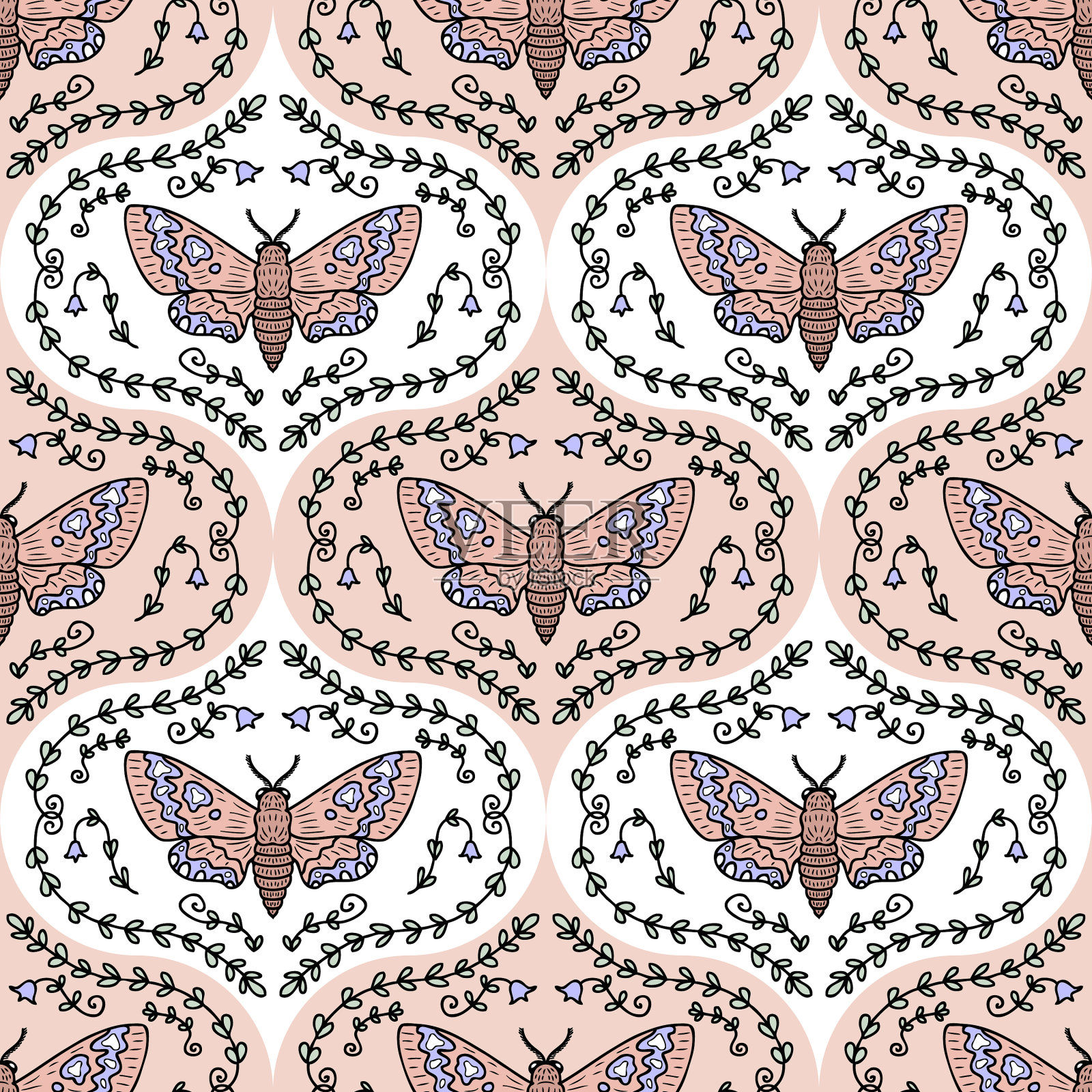 鹰蛾在叶和花的框架无缝插画图片素材