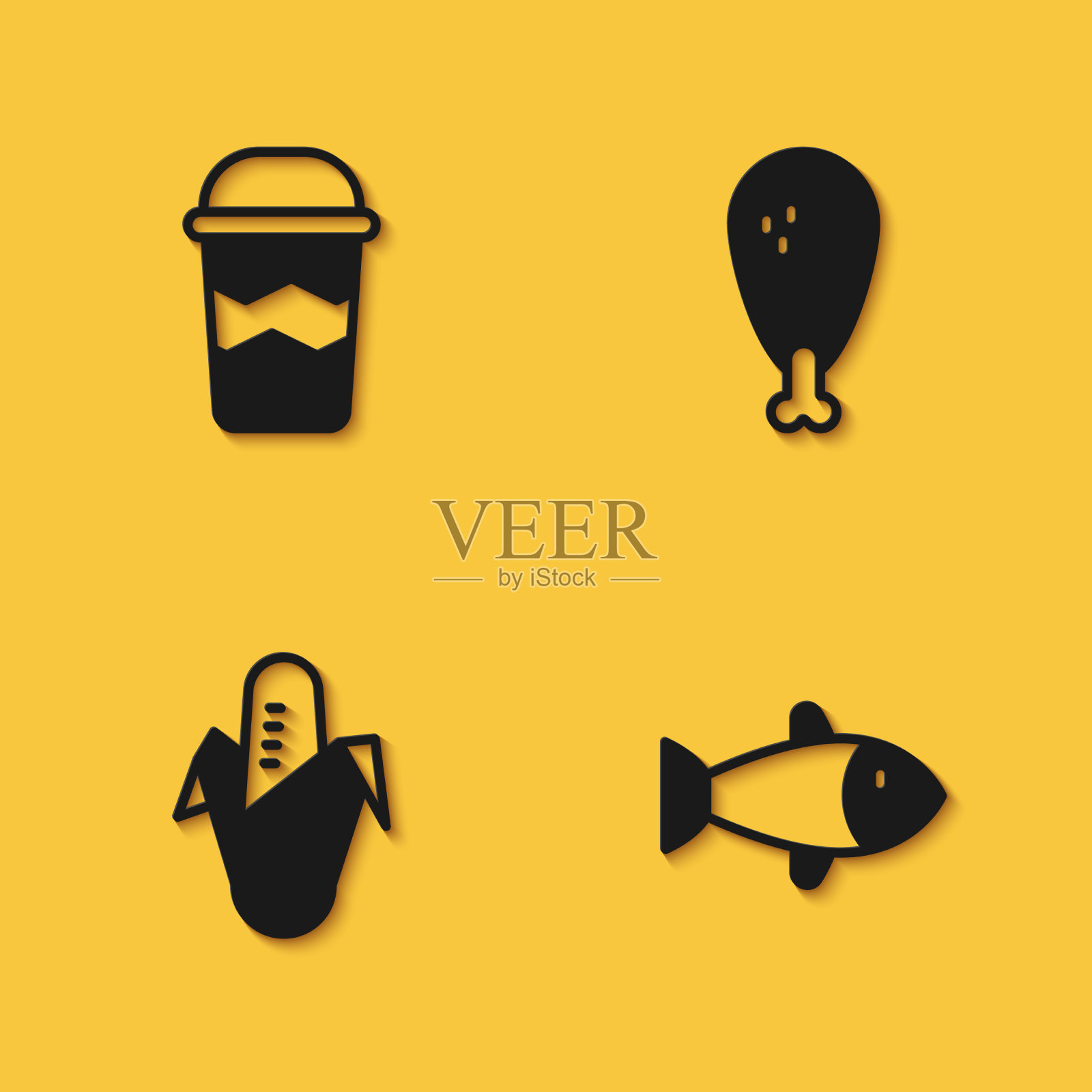 咖啡杯上放鱼、玉米和鸡腿插画图片素材