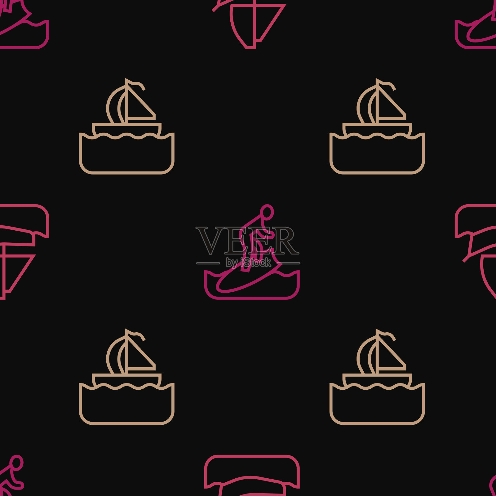 设置线游艇帆船和冲浪板无缝插画图片素材