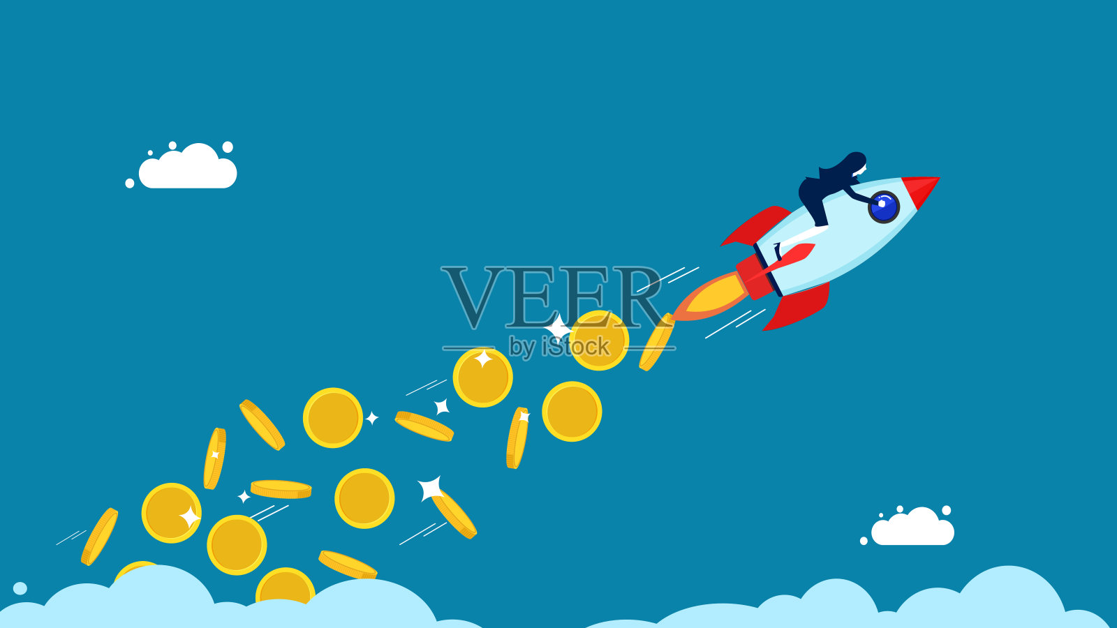 建立一个有资金来源的企业。火箭发射时带着飞来的硬币。向量插画图片素材