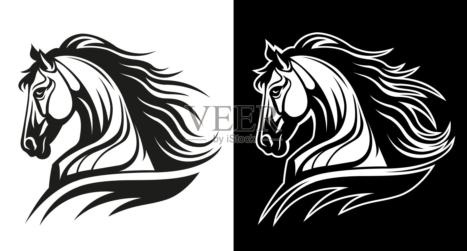 矢量轮廓的一个马头标志模板设计线艺术插图孤立的白色和深色背景。动态种马头品牌识别标识设计。插画图片素材